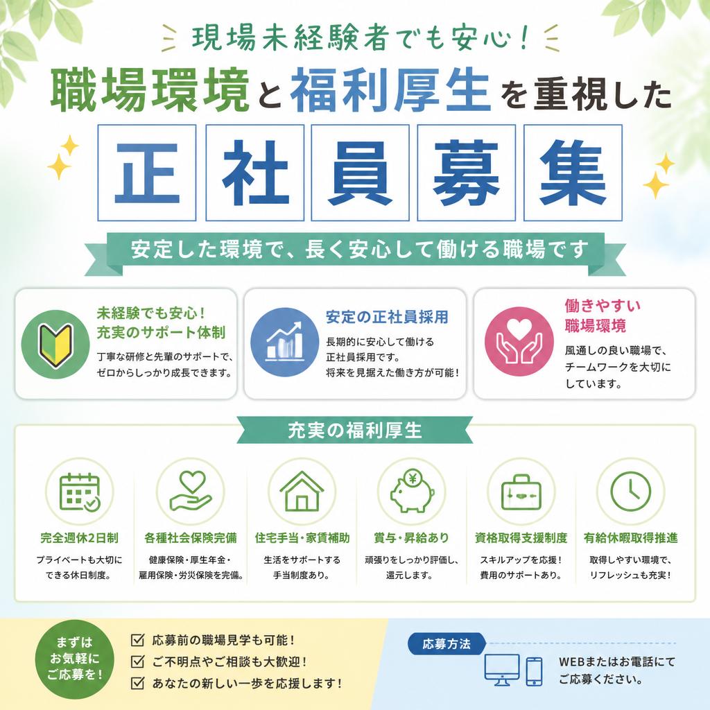 現場未経験者でも安心！職場環境と福利厚生を重視した正社員募集